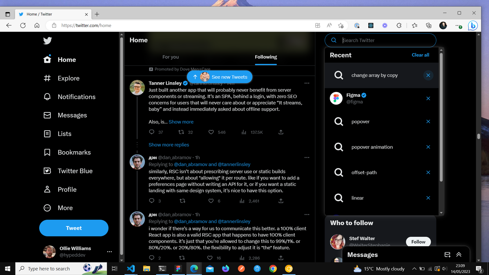 A screenshot of Twitter.com with very dark grey scrollbars in dark mode