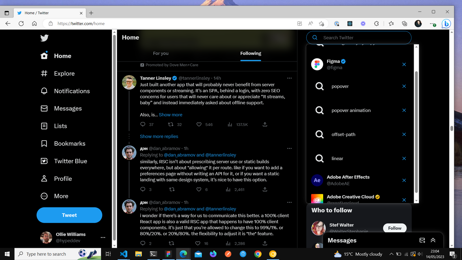 A screenshot of Twitter.com in dark mode but with light gray scrollbars